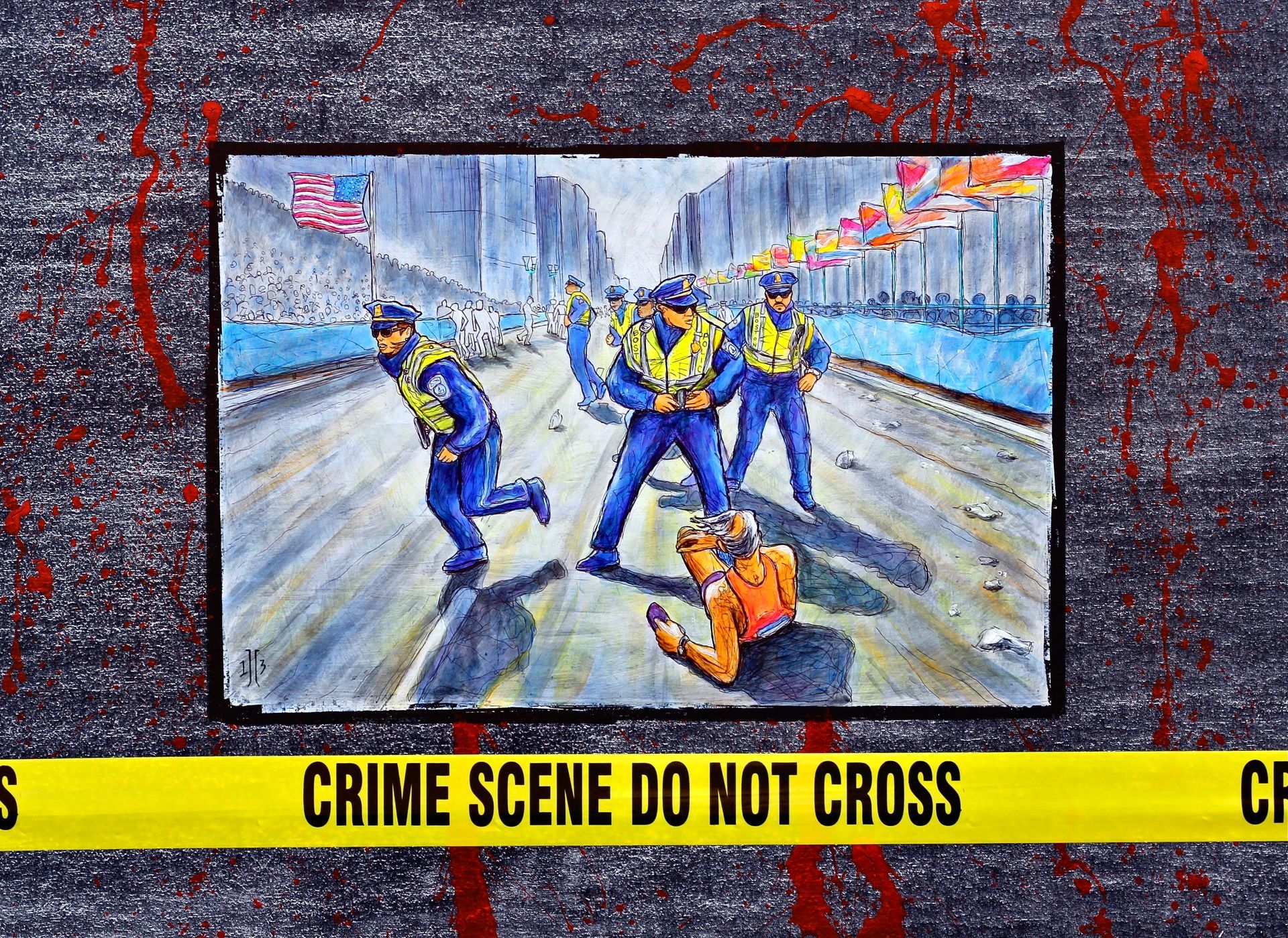 Graffiti-style crime scene mural with officers and yellow tape reading “CRIME SCENE DO NOT CROSS”
