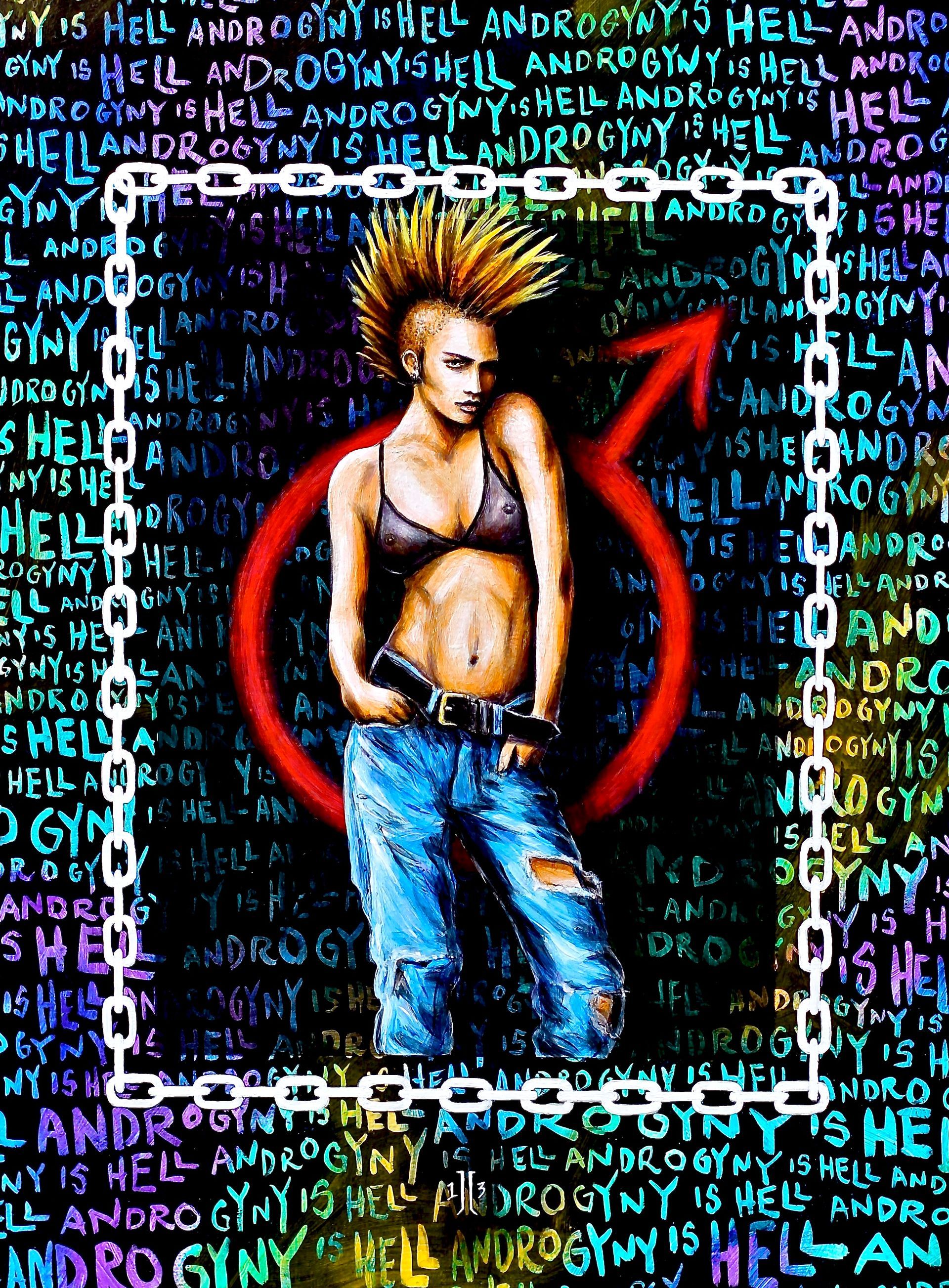 Punk-style figure in a crop top and jeans, framed by red arrow and graffiti text on a dark background