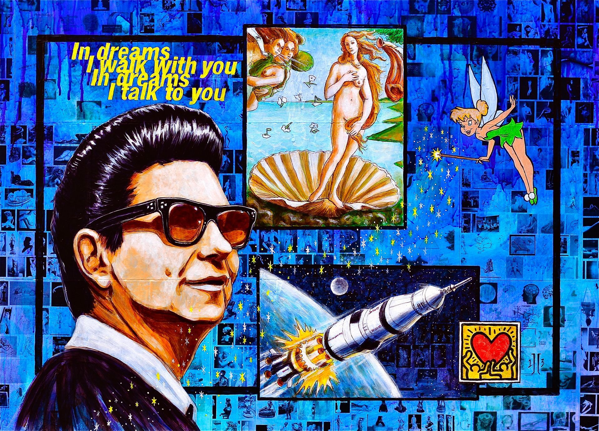Colorful collage with a sunglassed man, retro text, a shell, rocket, dove, and heart icons