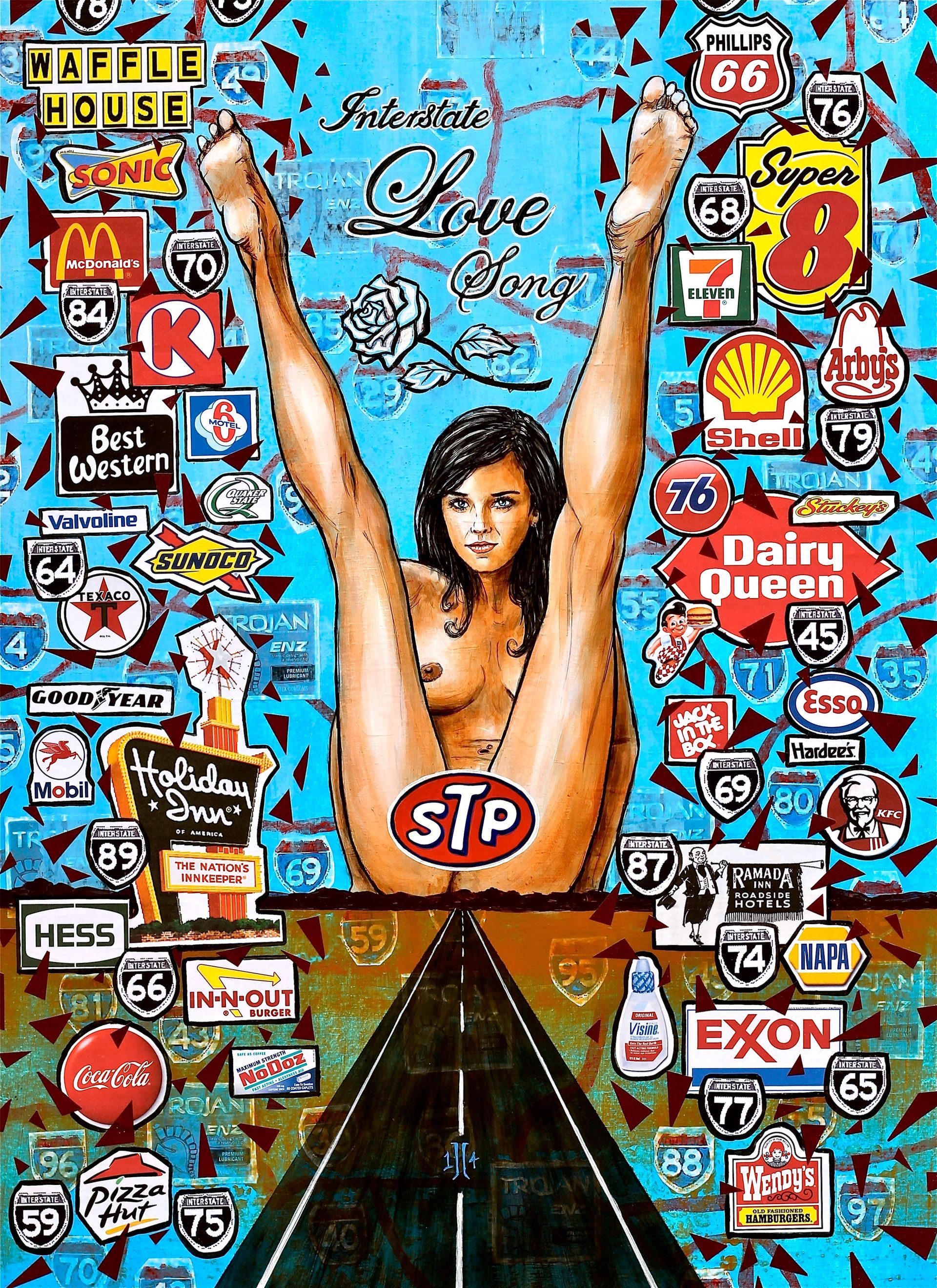 Poster collage with raised arms above a highway, filled with vintage diner and Route 66 signs