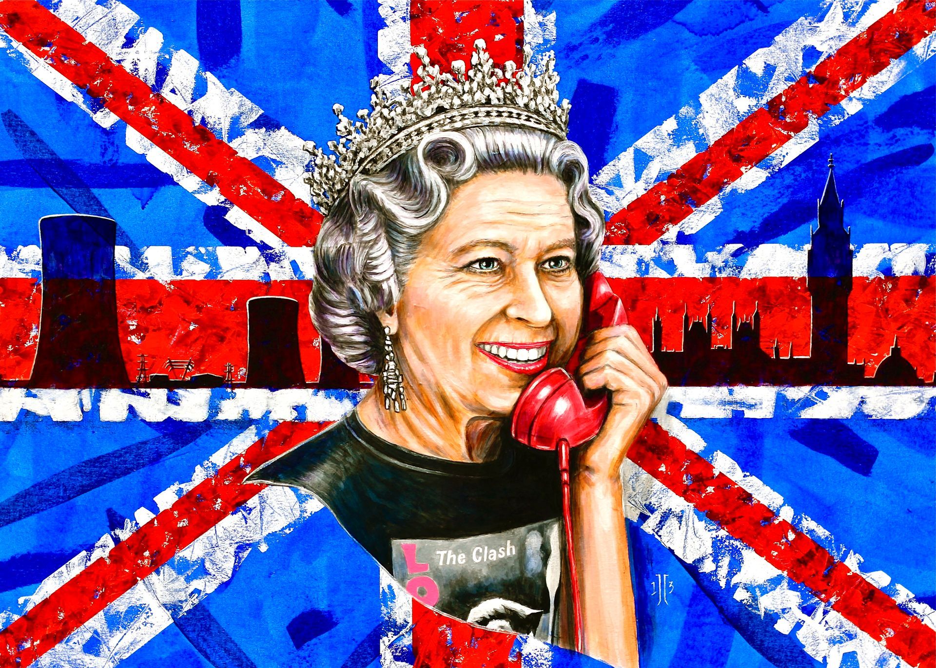 Queen Elizabeth II holding a red phone against a Union Jack graffiti background.