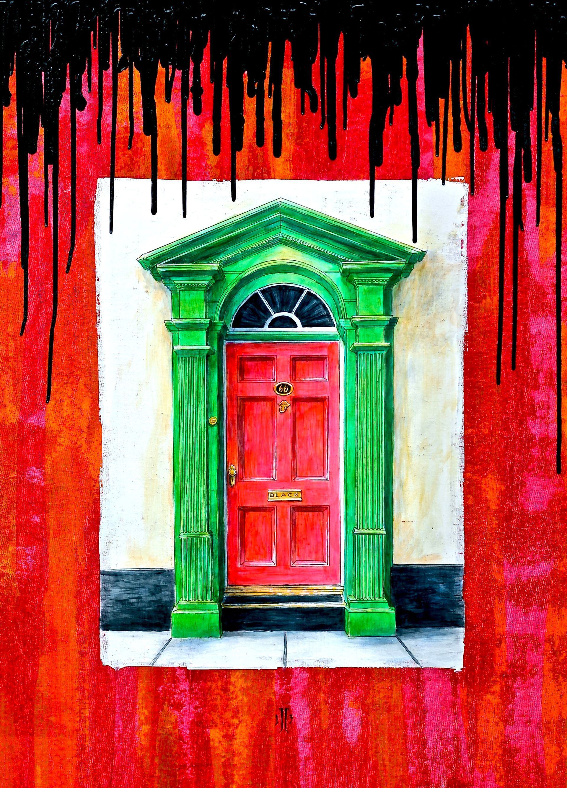 Bright green doorway framing a red door on a white wall with red and black dripping paint above and below