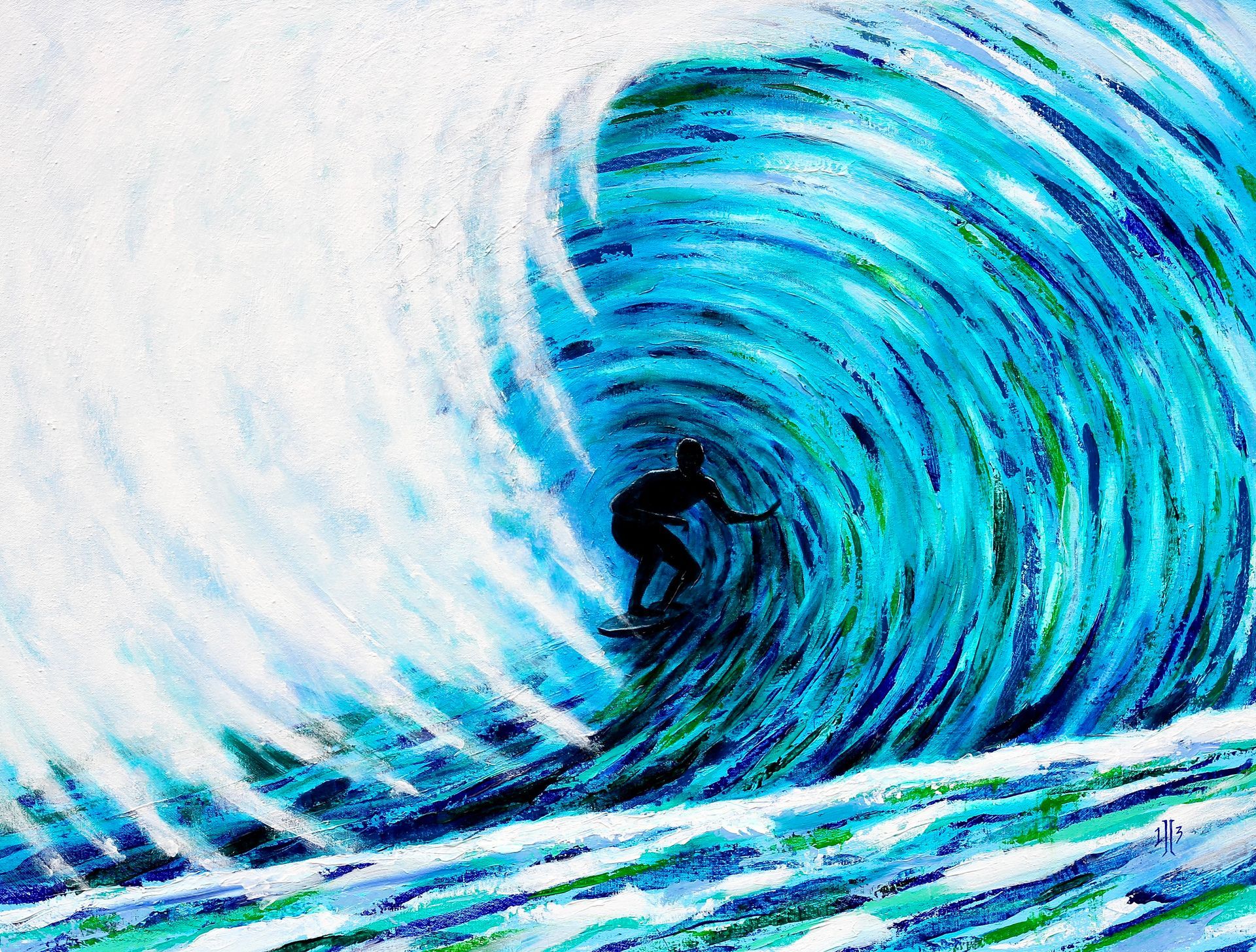 Surfer riding inside a bright blue curling wave