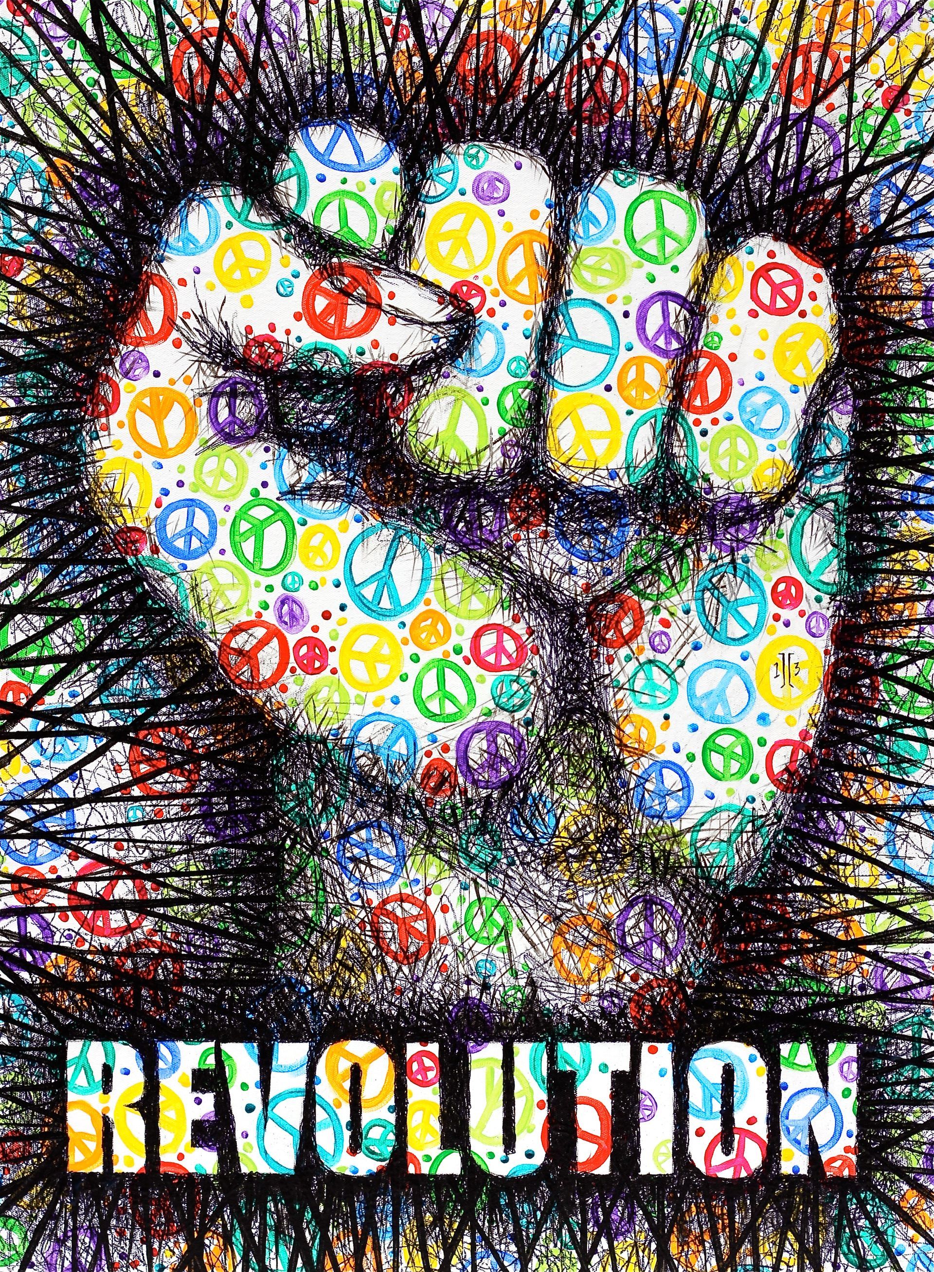 Colorful raised fist with peace symbols and the word “REVOLUTION” at the bottom