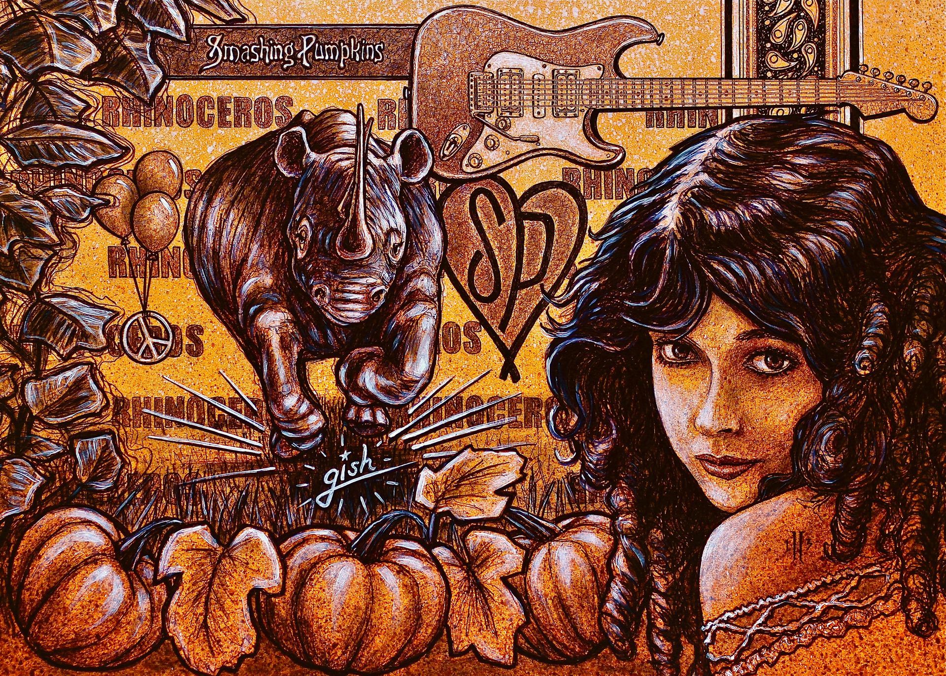 Surreal sepia collage of a woman, a rhinoceros, and abstract objects on a textured background