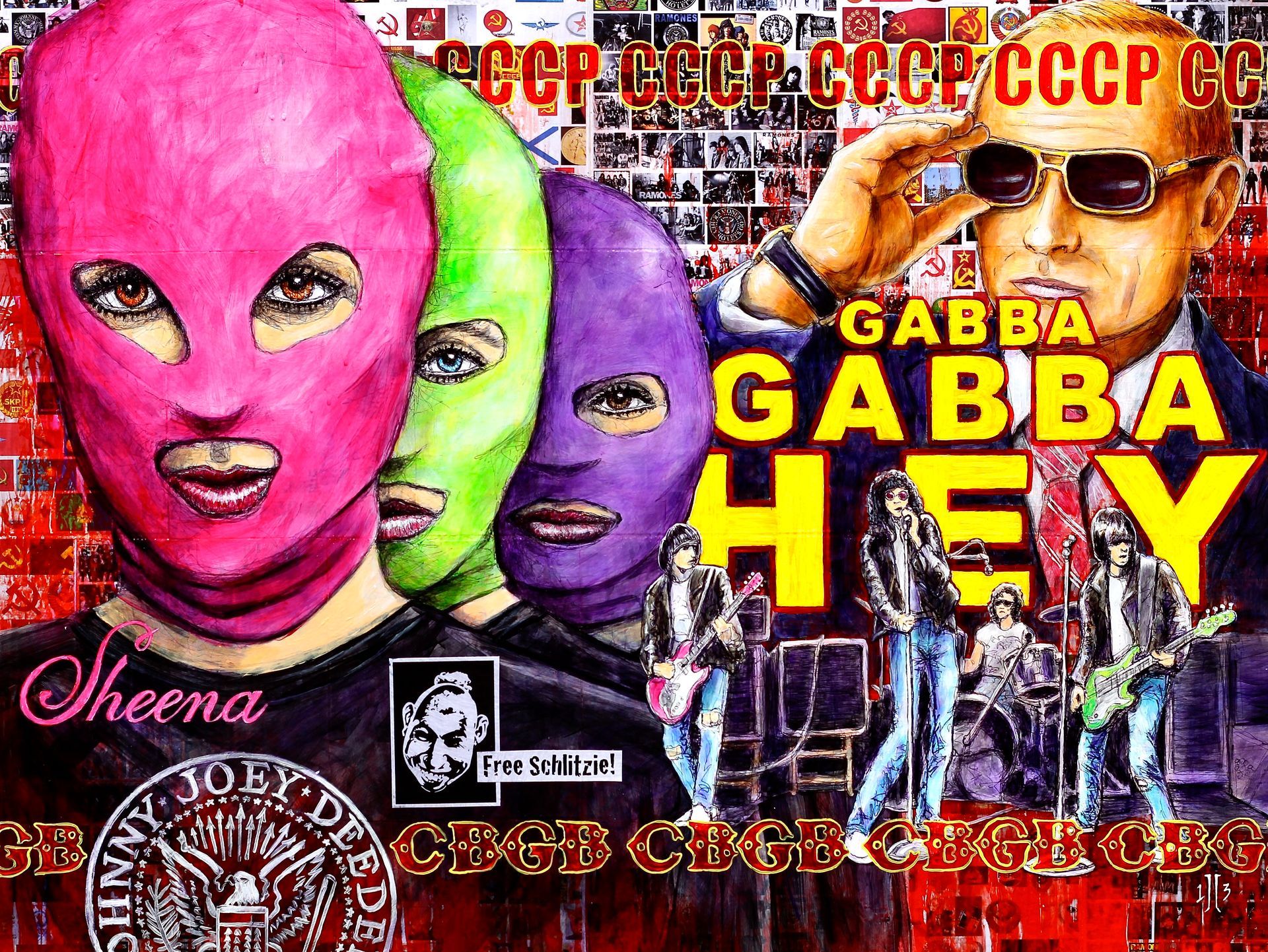 Album-style cover art with neon masked faces and bold text “HEY”,