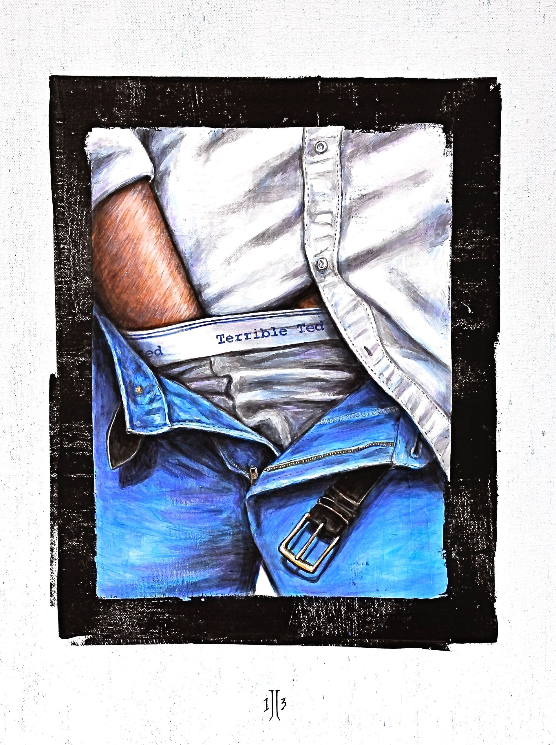 Close-up of a person wearing a white shirt and blue jeans, with a belt and hand in pants.