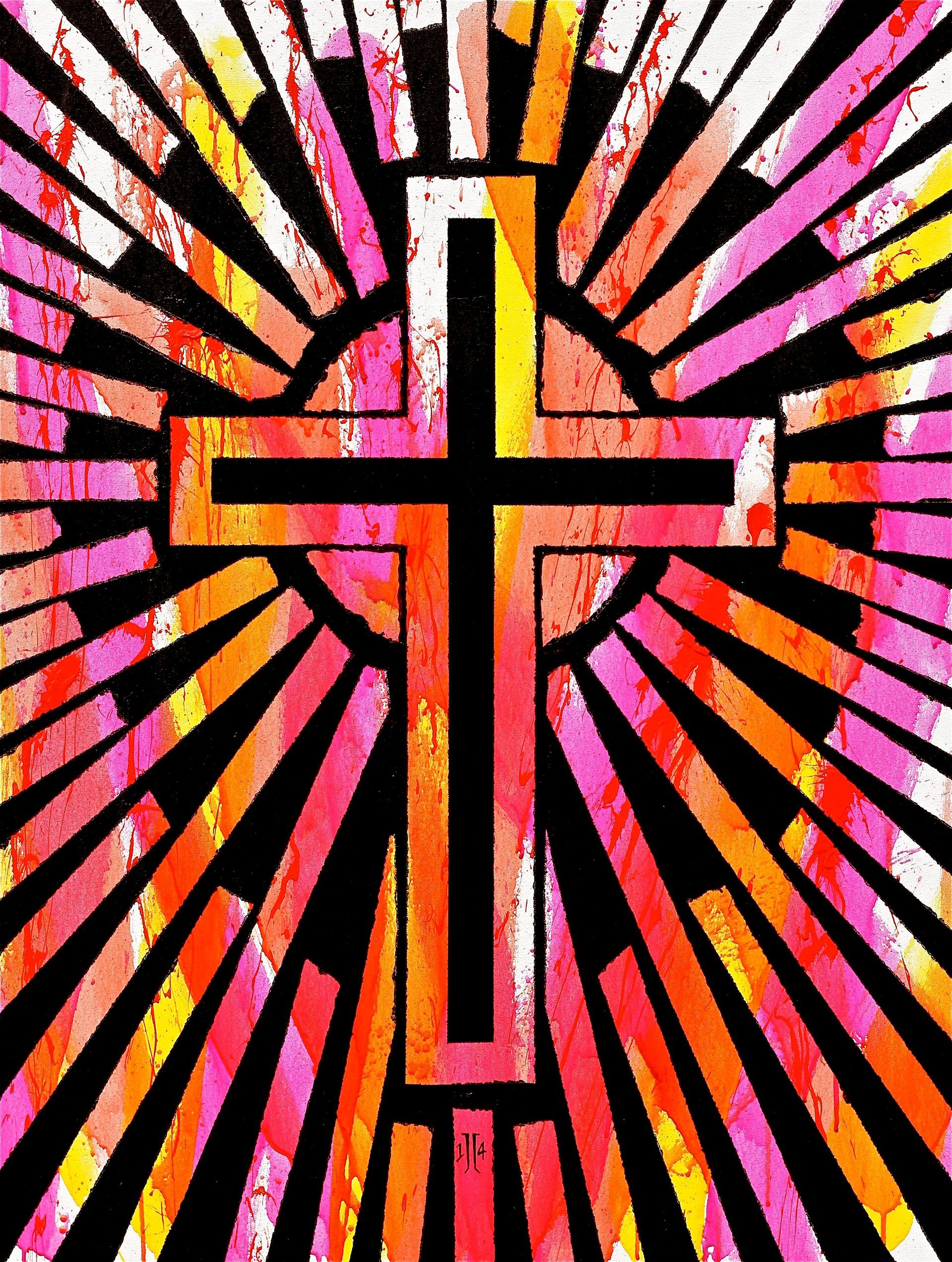 Stylized cross with radiant black, pink, orange, and yellow burst background