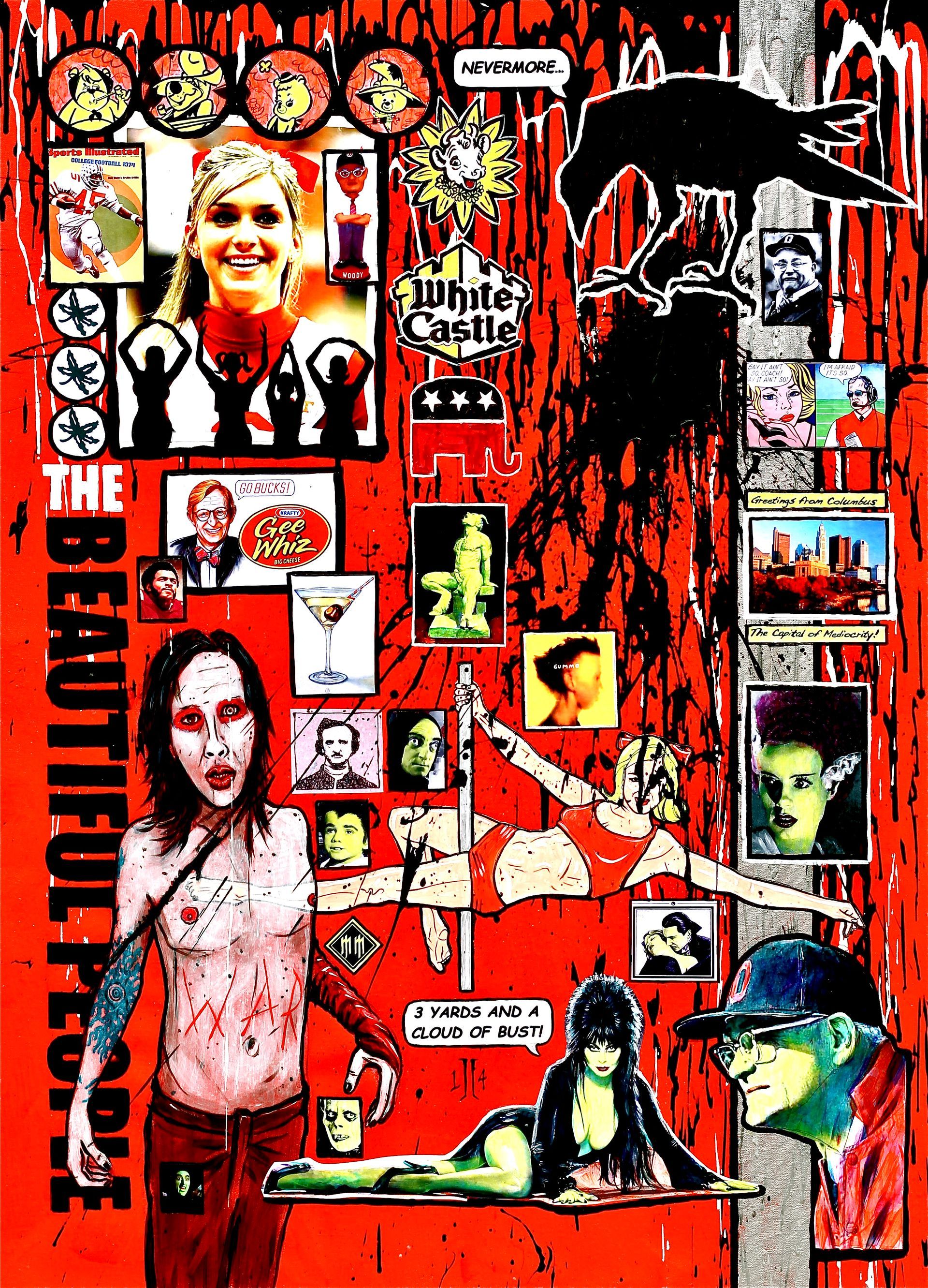 Red-and-black collage poster with multiple faces, handwritten notes, and the title “THE BEAUTIFUL PEOPLE.”