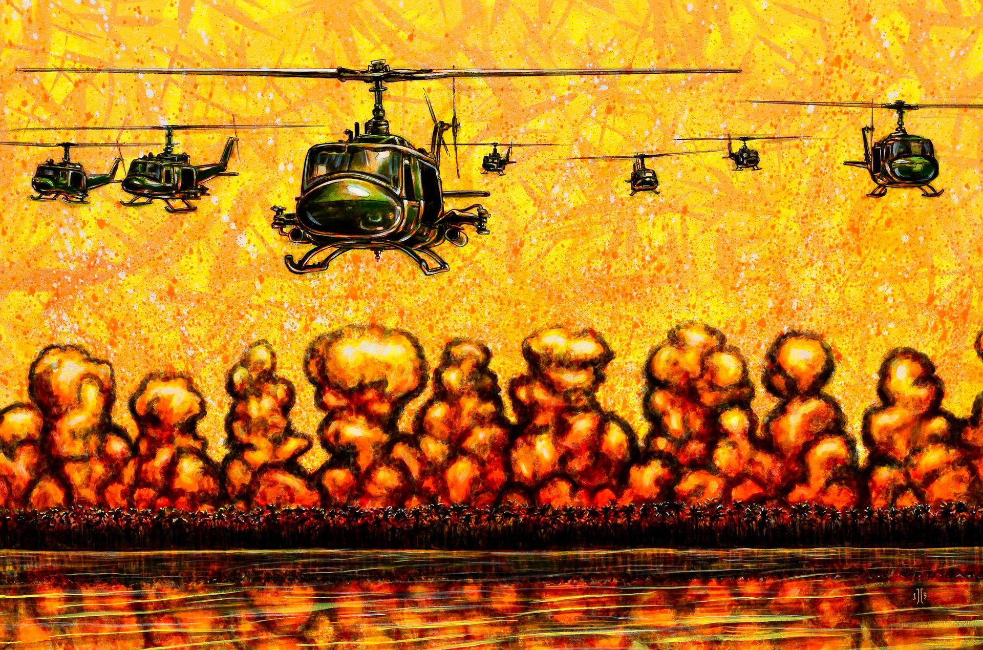 Helicopters flying over fiery explosions with smoke billowing across a battlefield