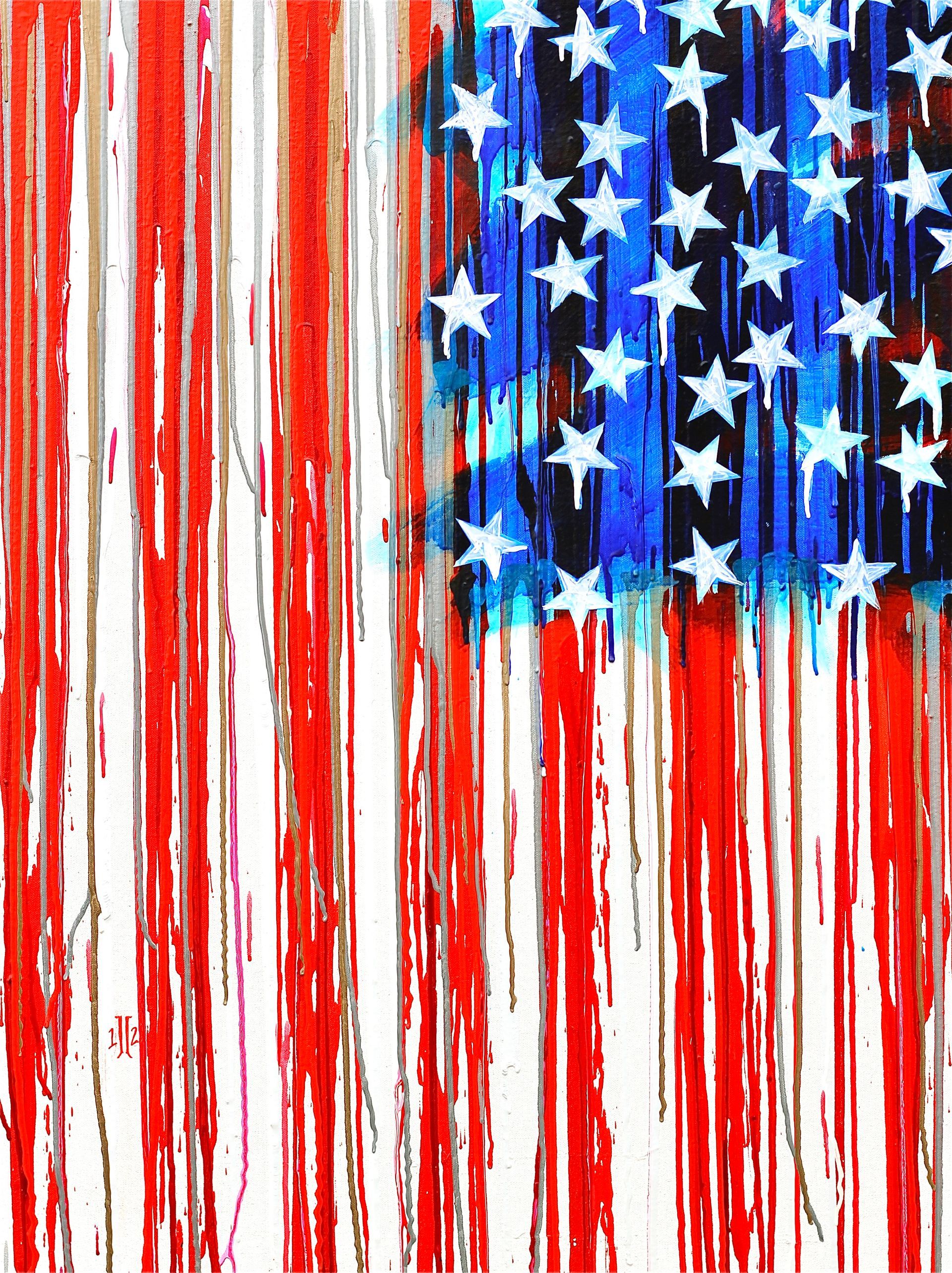 Abstract American flag with red vertical streaks and blue stars in the upper right.