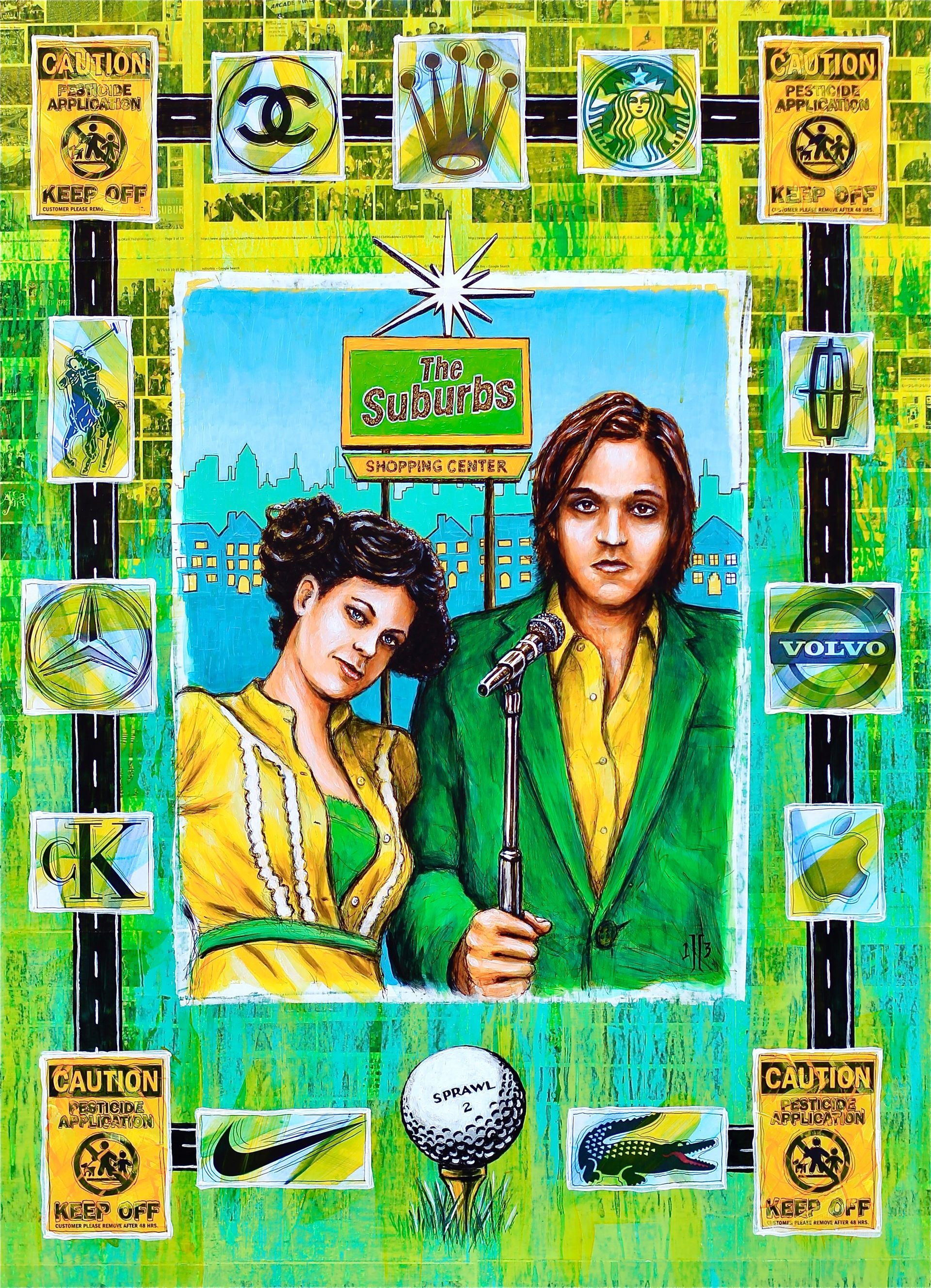 Two people in green and yellow robes hold staffs inside a bright, symbol-filled decorative frame.