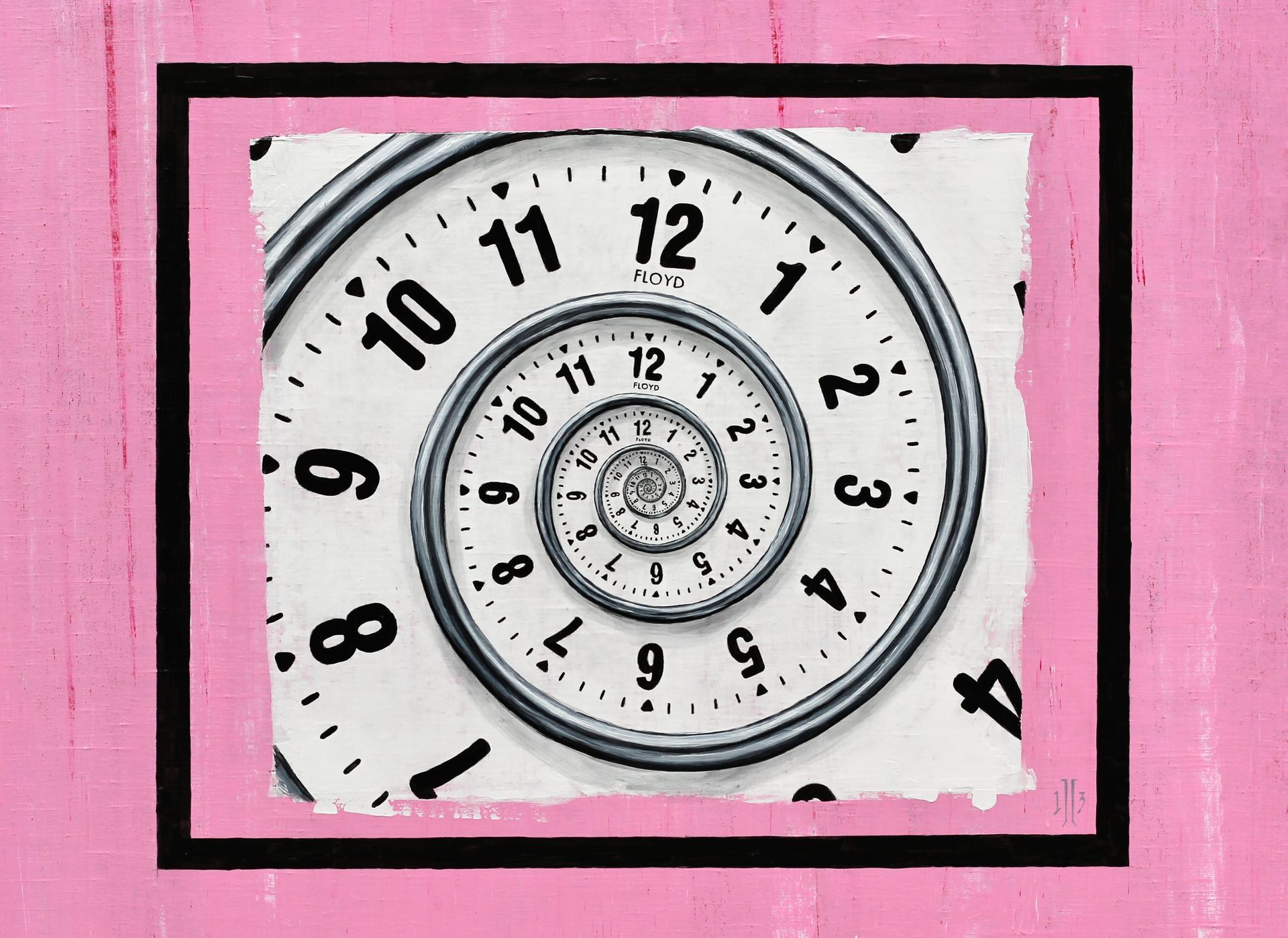 Black-and-white spiral clock framed by a pink border