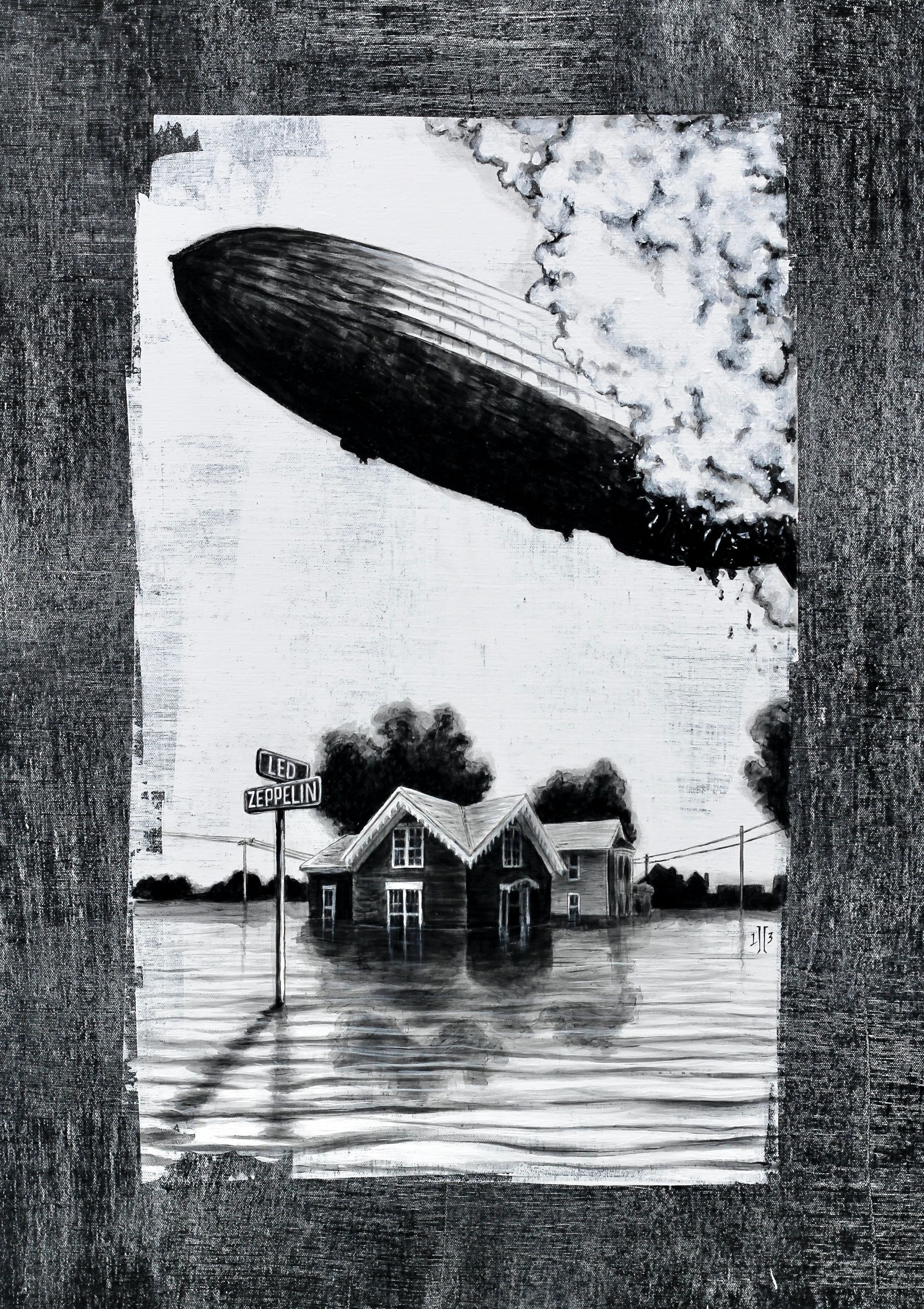 Black-and-white surreal scene of a house in floodwater with a large blimp overhead