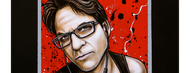 Stylized portrait of a person with glasses against a red background, with a serious expression.