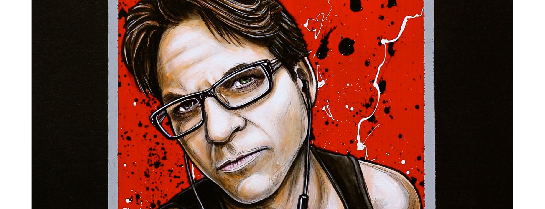 Stylized portrait of a person with glasses against a red background, with a serious expression.