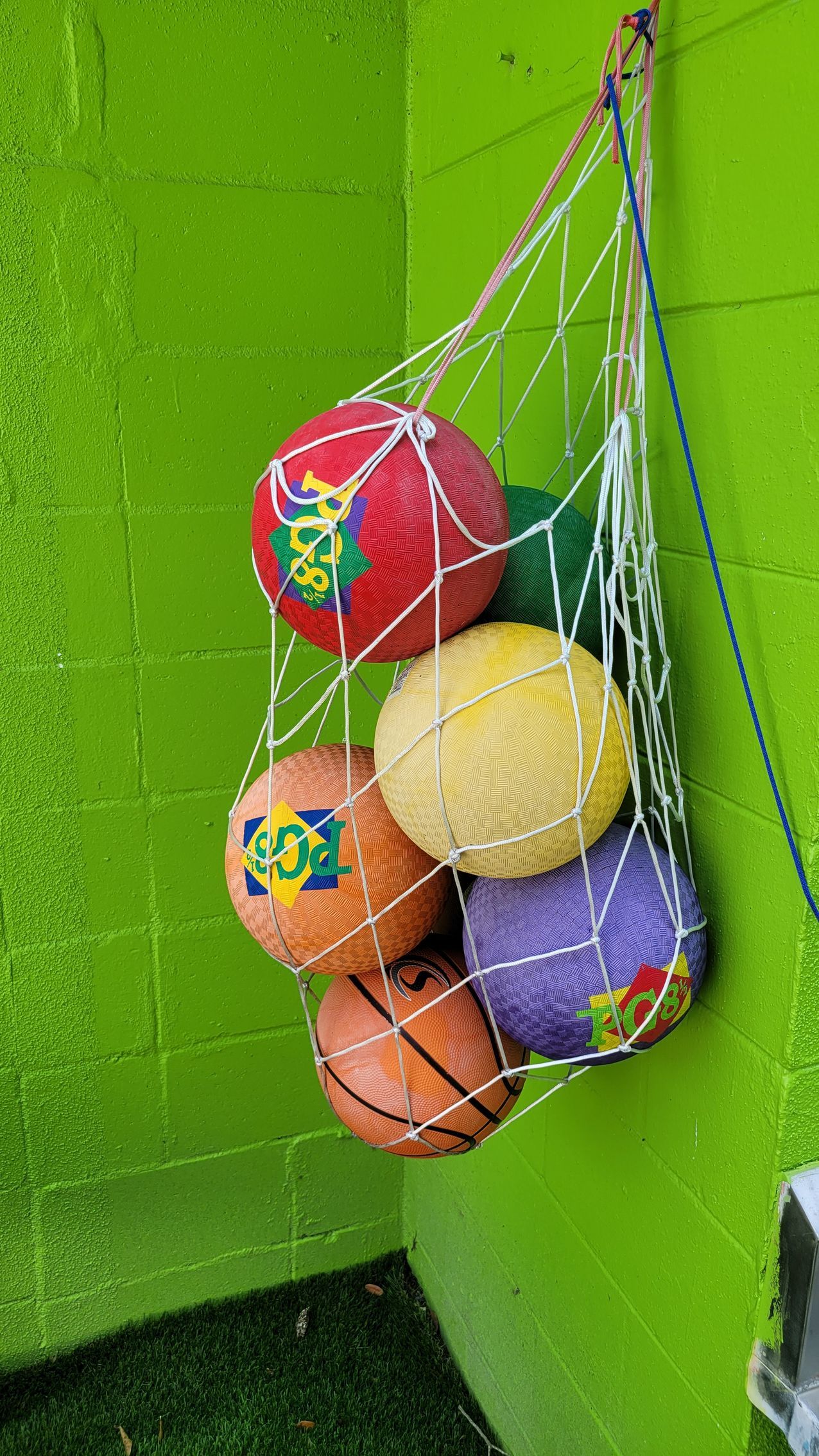 A bunch of colorful balls in a net against green wall at Raising Angels daycare.