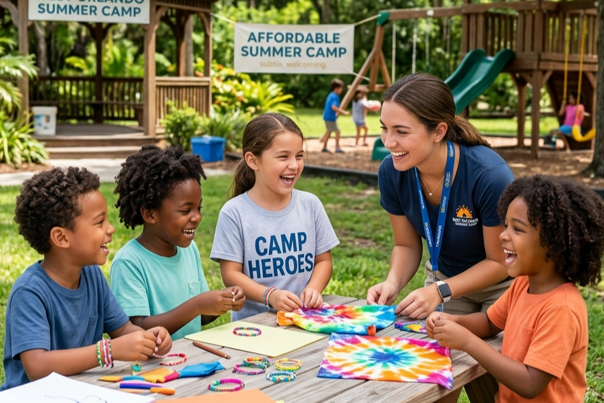 A camp counselor sits at an outdoor table with children, all laughing while making tie-dye crafts at a summer camp.