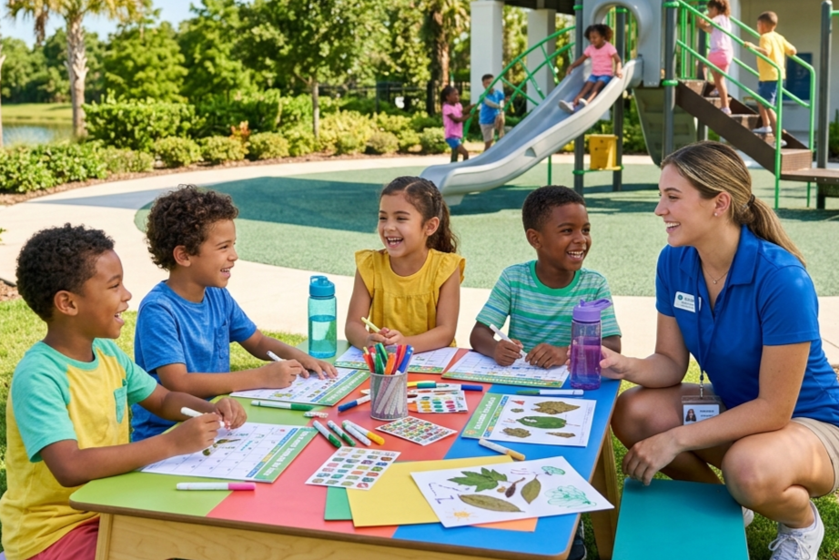 An instructor sits with four children at an outdoor table with activity sheets and leaves, while others play on a slide.