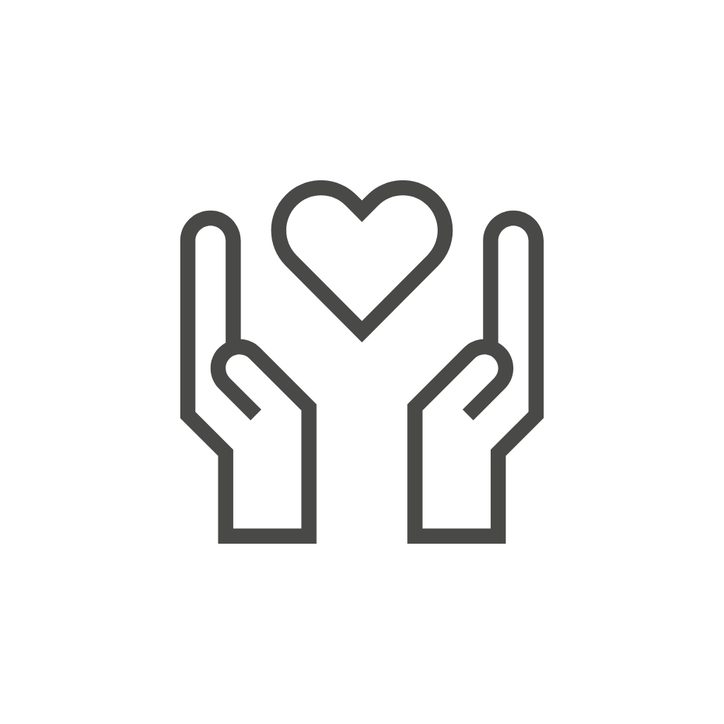 A line icon of two hands holding a heart.