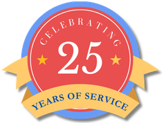 A badge that says celebrating 25 years of service