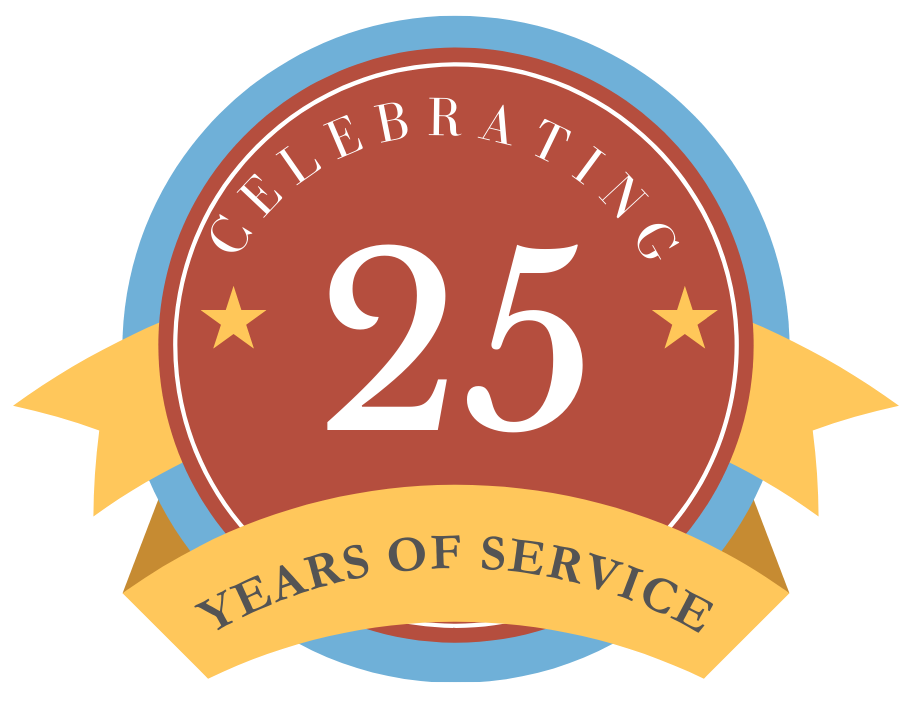 A badge that says celebrating 25 years of service