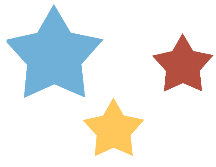 Three different colored stars on a white background