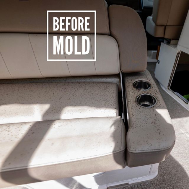 Boat seat with visible mold spots, labeled "BEFORE MOLD".