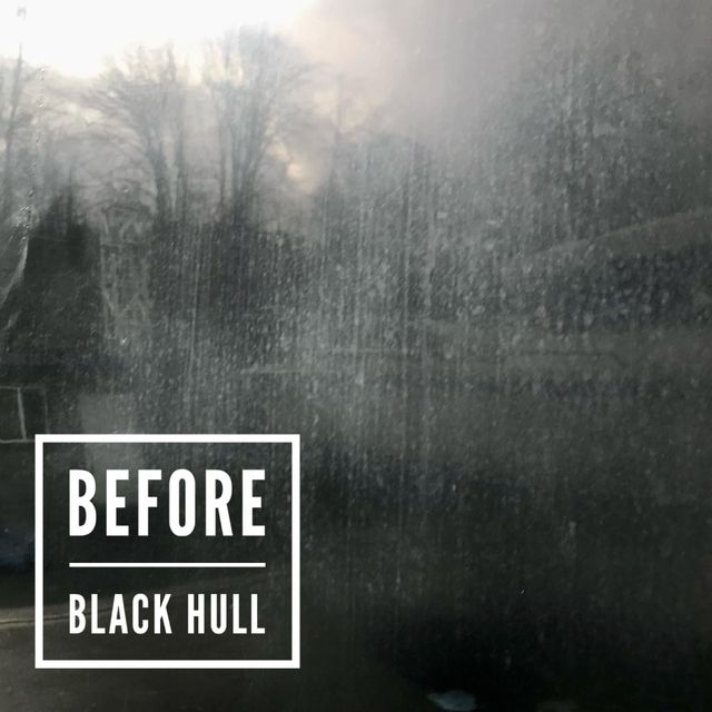 "Before" image of a dirty, streaked window with a blurred outdoor view.