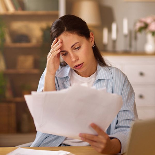 Woman looking at paperwork with her hand to her forehead, appearing stressed.
