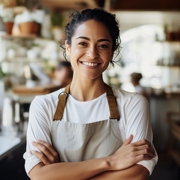 A female cafe worker with her arms crossed, wearing an apron and smiling.