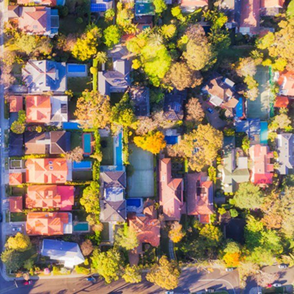 Aerial view of suburban homes