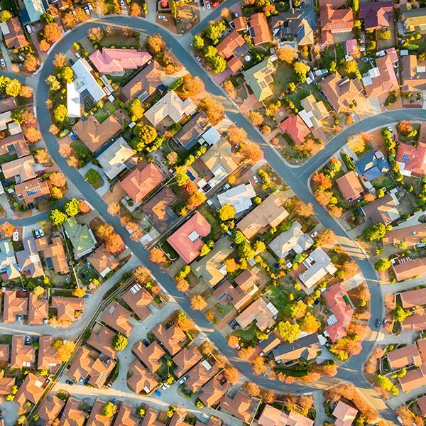 Aerial images of an Australian suburb showing streets and the roofs of houses