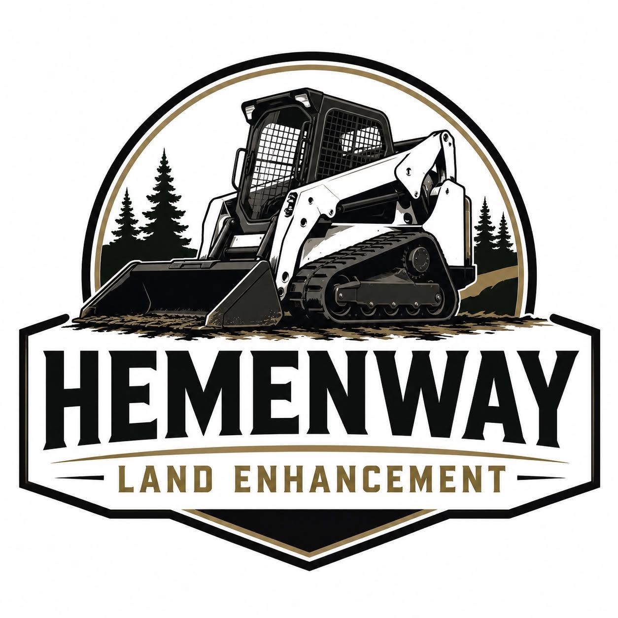 Hemenway Land Enhancement logo with a skid steer, pine trees, and bold black-and-tan text.