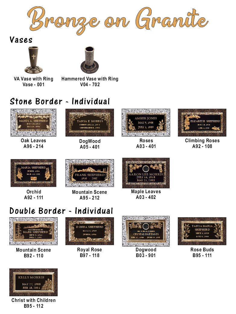A catalog of bronze memorial plaques on granite bases, categorized by border style and including two bronze vase options.