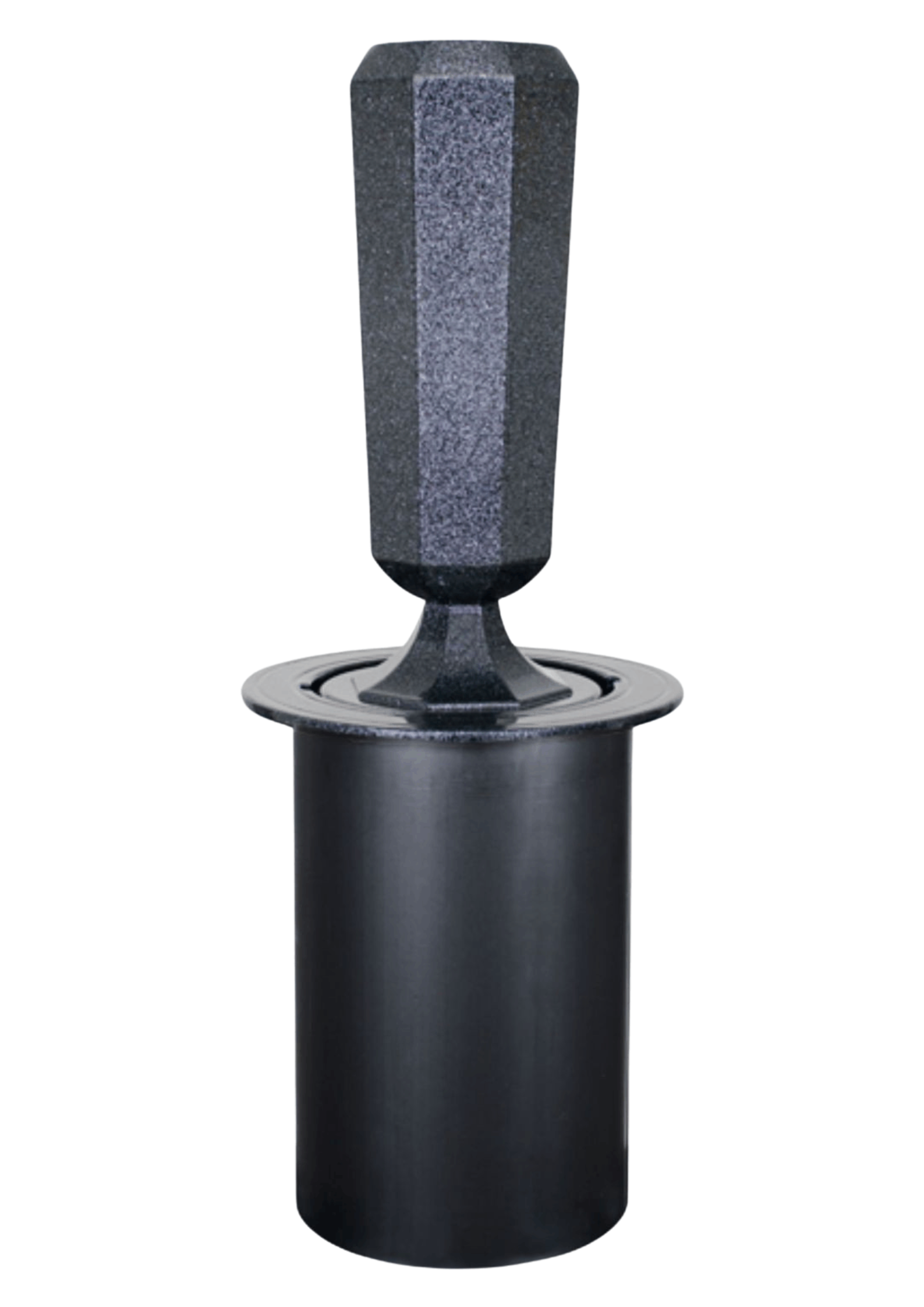 A black toilet brush with a textured handle sitting upright in its matching cylindrical holder.