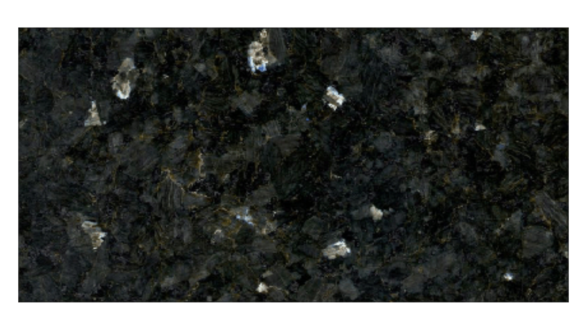 Dark polished granite slab with a black background and scattered, reflective silver and grey mineral flecks.