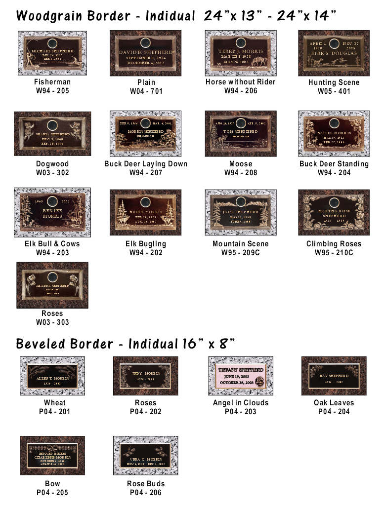 A catalog of rectangular bronze grave markers, categorized by Woodgrain and Beveled border styles with size specifications.