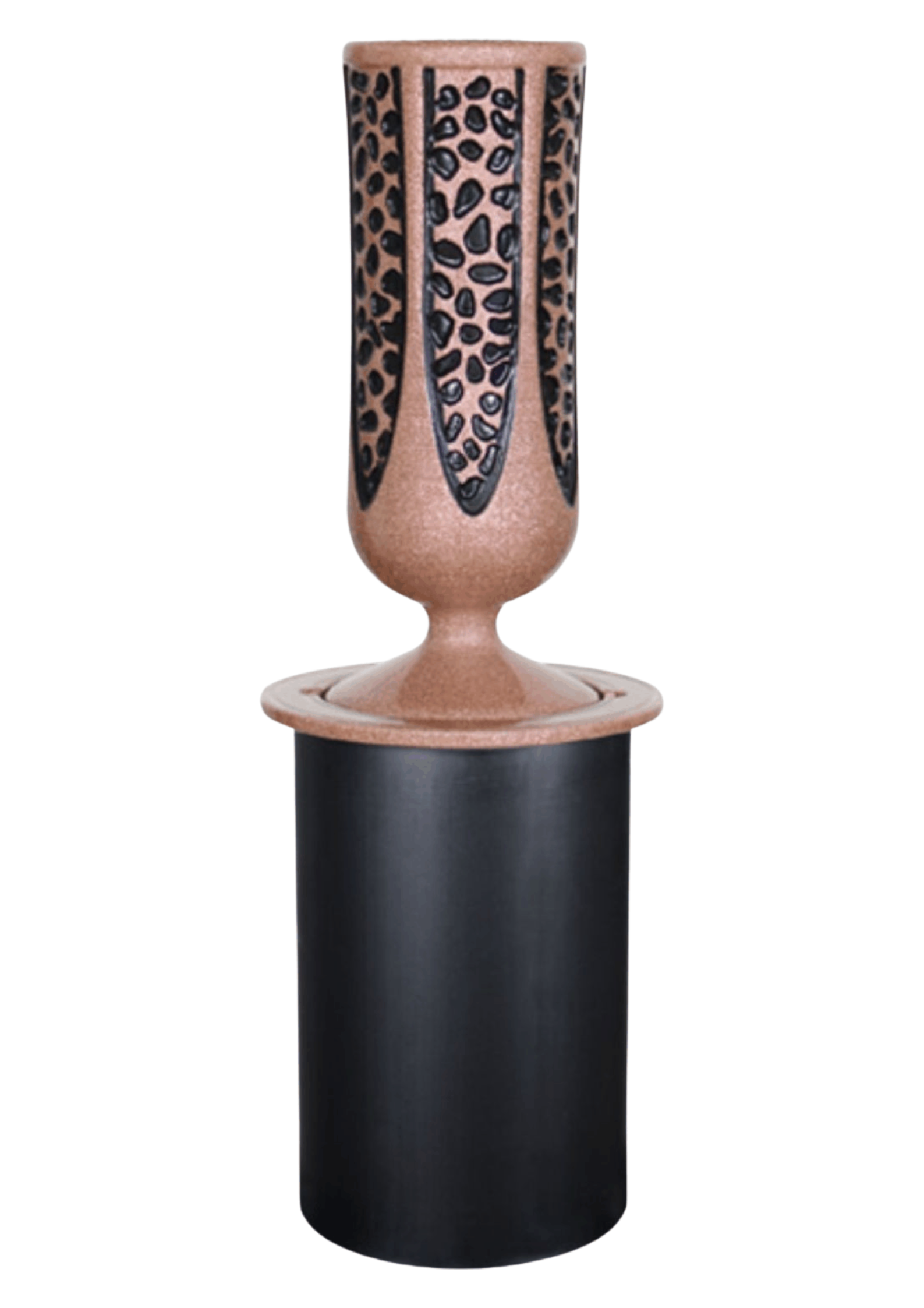 A decorative floor vase with a black cylindrical base and a tan, textured top featuring dark, elongated oval patterns.