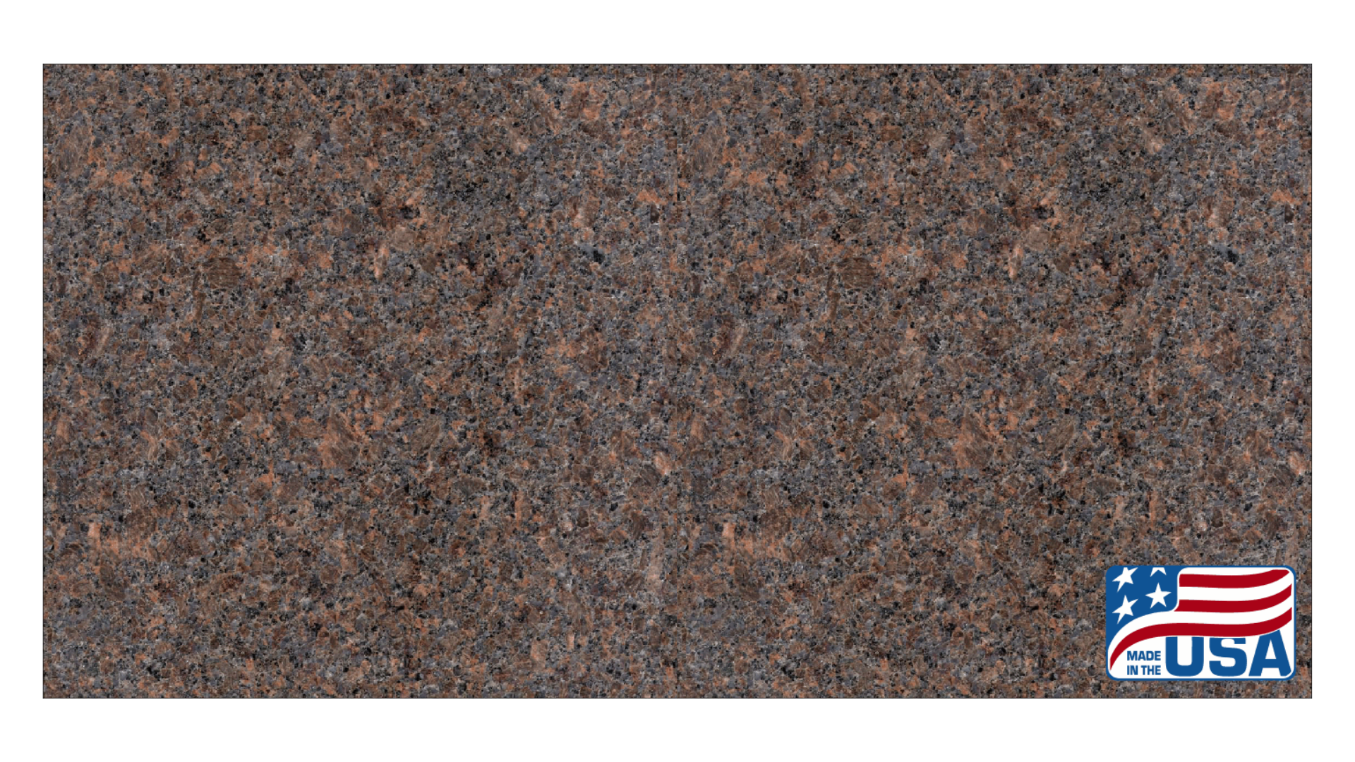 A rectangular sample of brown granite countertop with dark flecks and a small