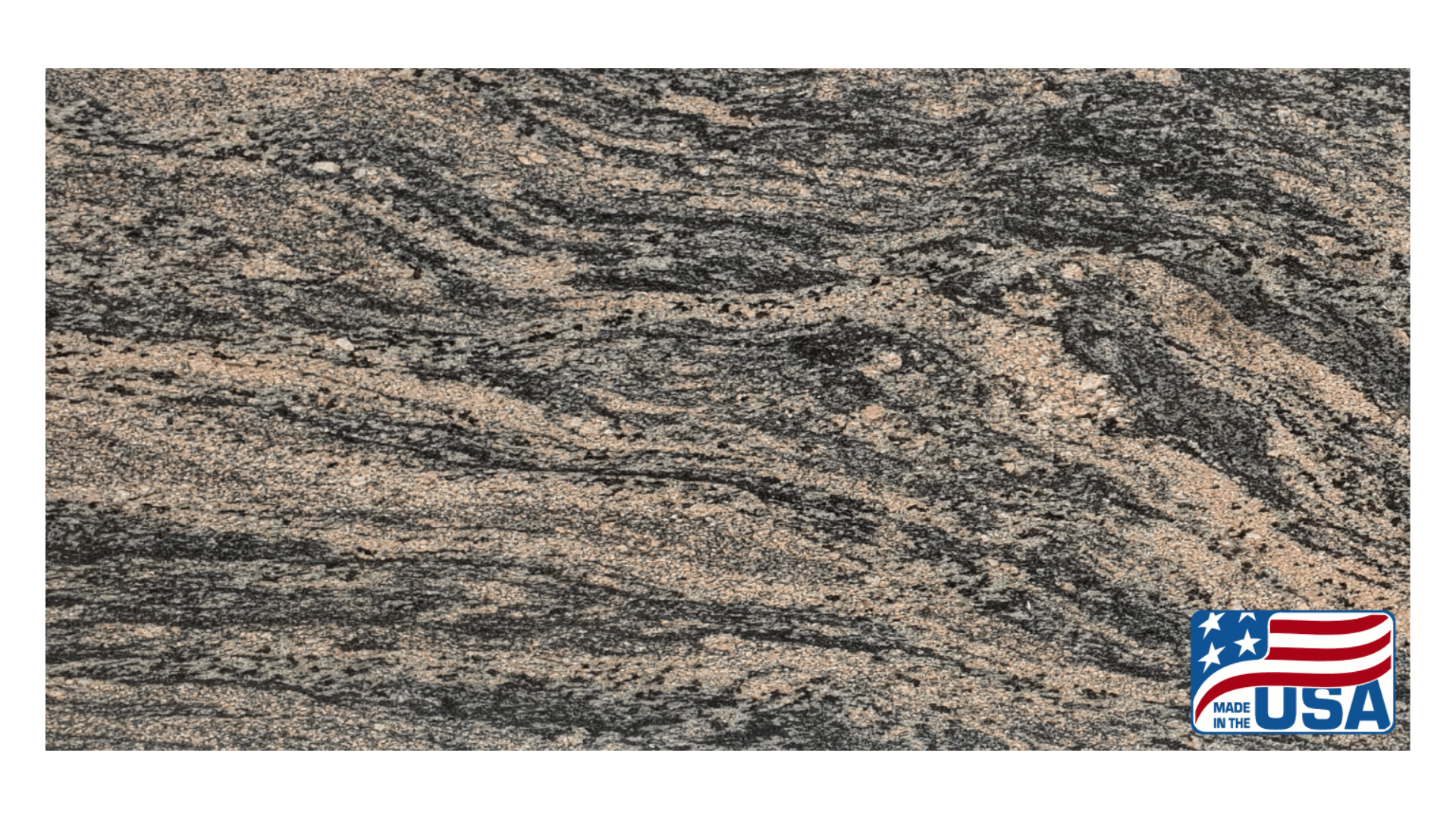 A close-up view of polished granite slab featuring swirling patterns of tan, brown, and black mineral deposits.