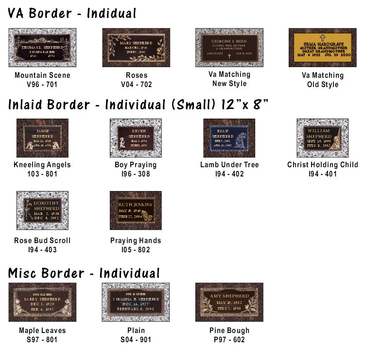 A catalog of rectangular headstone designs categorized by border style, showing various decorative motifs and labels.