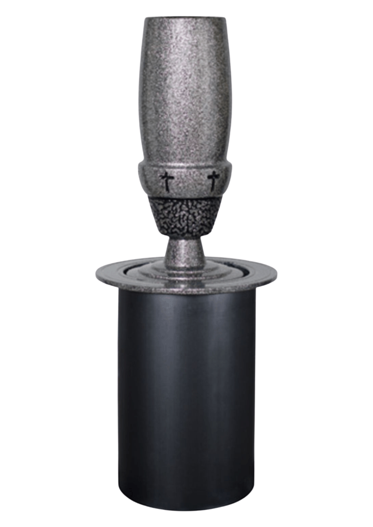 A gray, metallic grave vase with embossed crosses, mounted on a cylindrical black base against a white background.