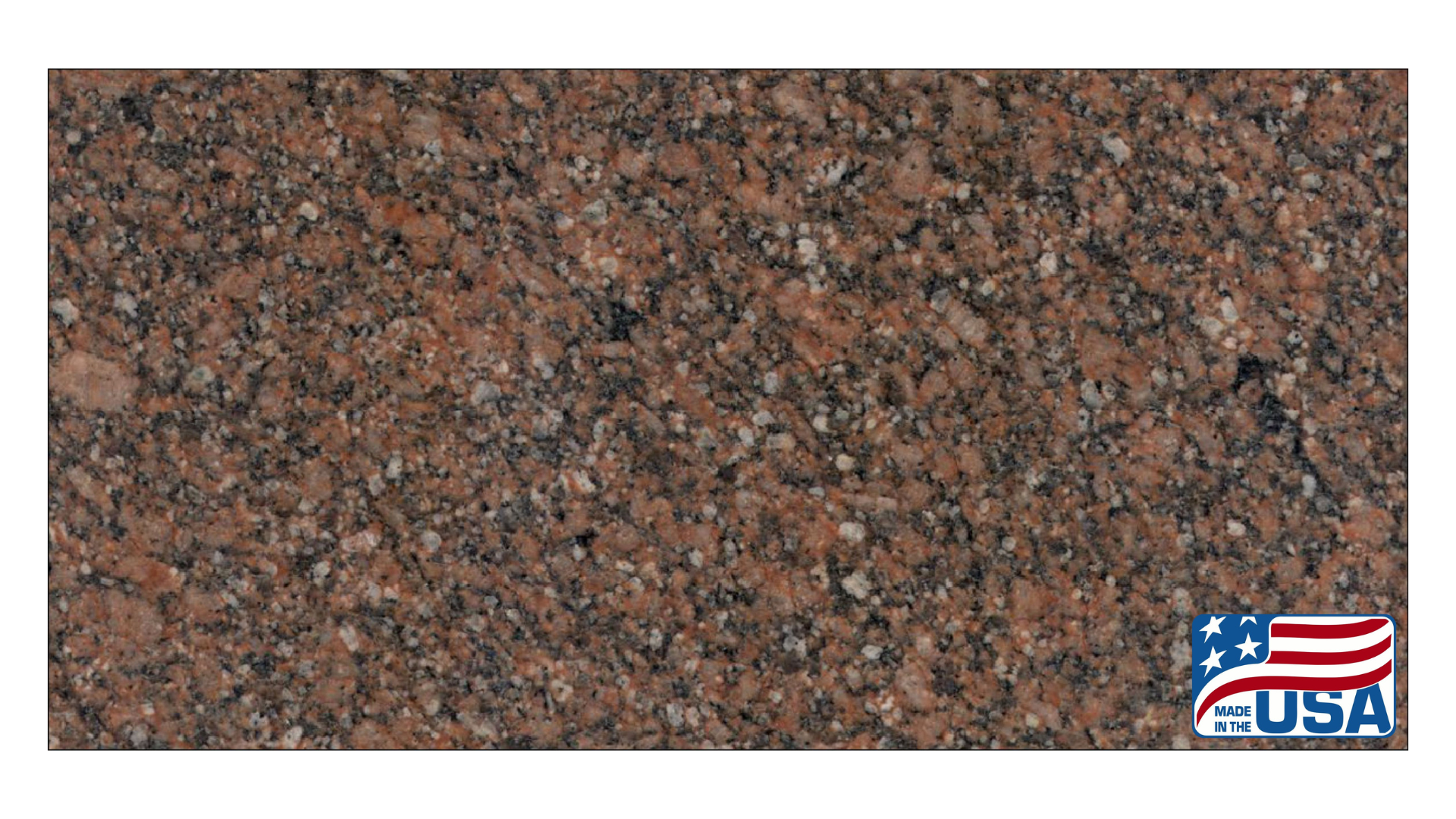 A close-up view of polished brown granite with black and white flecks and a small USA flag icon in the corner.
