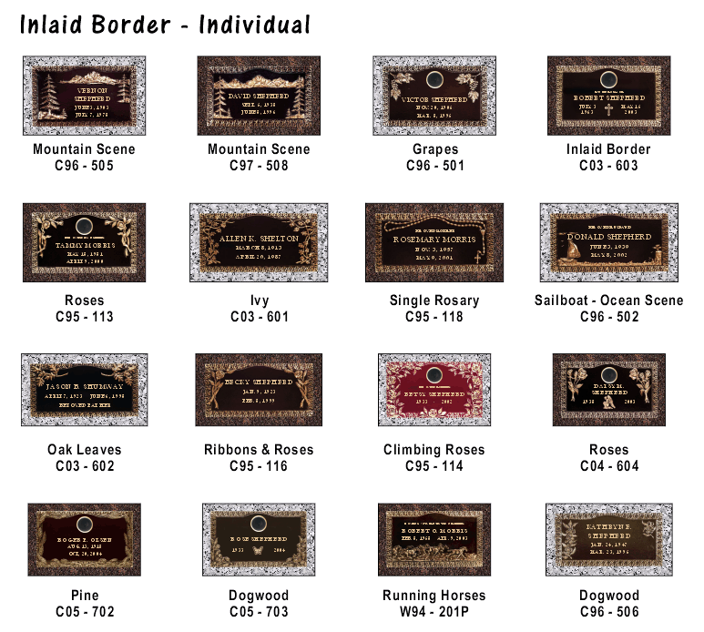 A catalog grid showing sixteen different bronze grave marker designs with various floral, nature, and scenic borders.