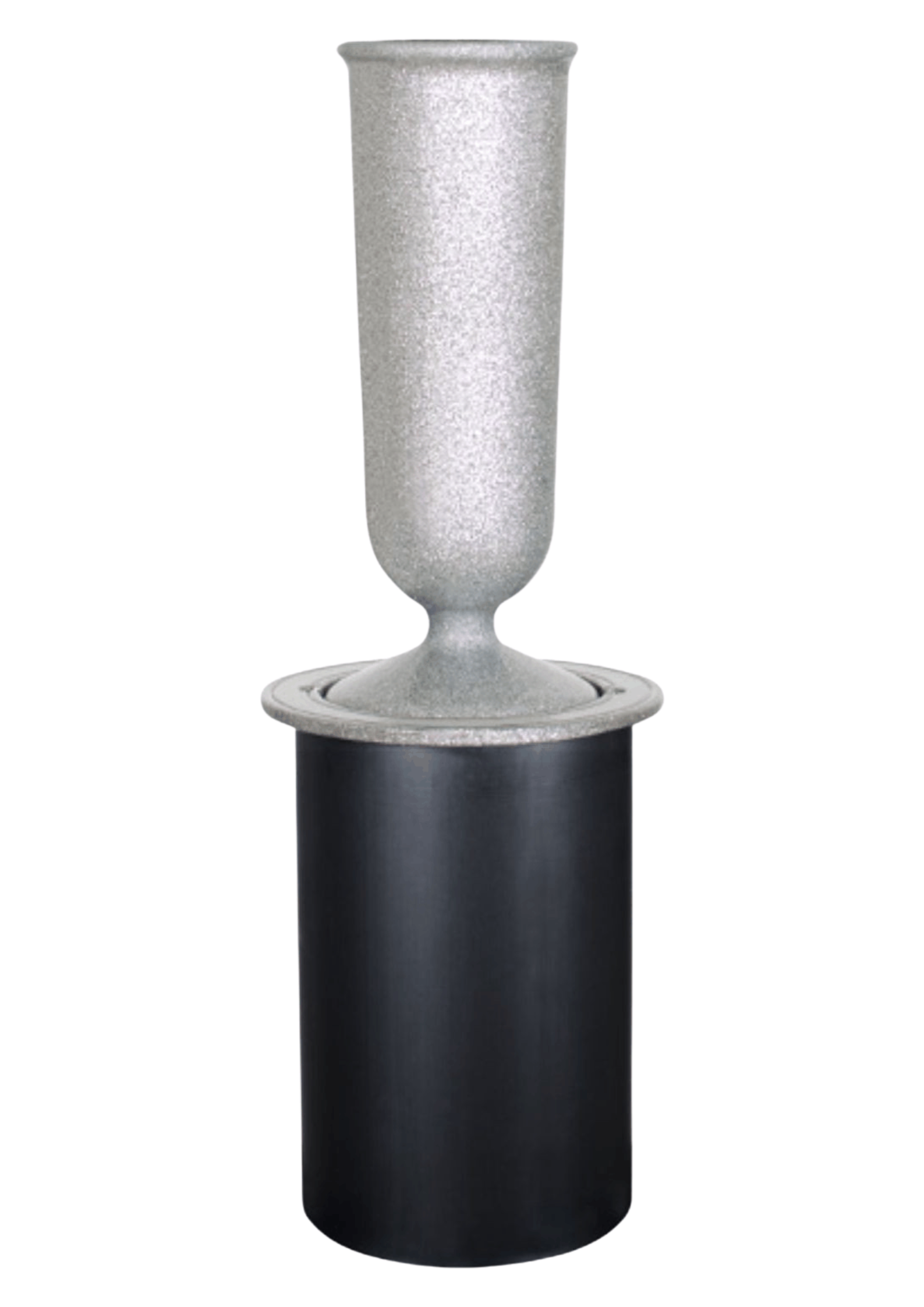 A silver, tapered cemetery vase set into a black, cylindrical ground-recessed container.