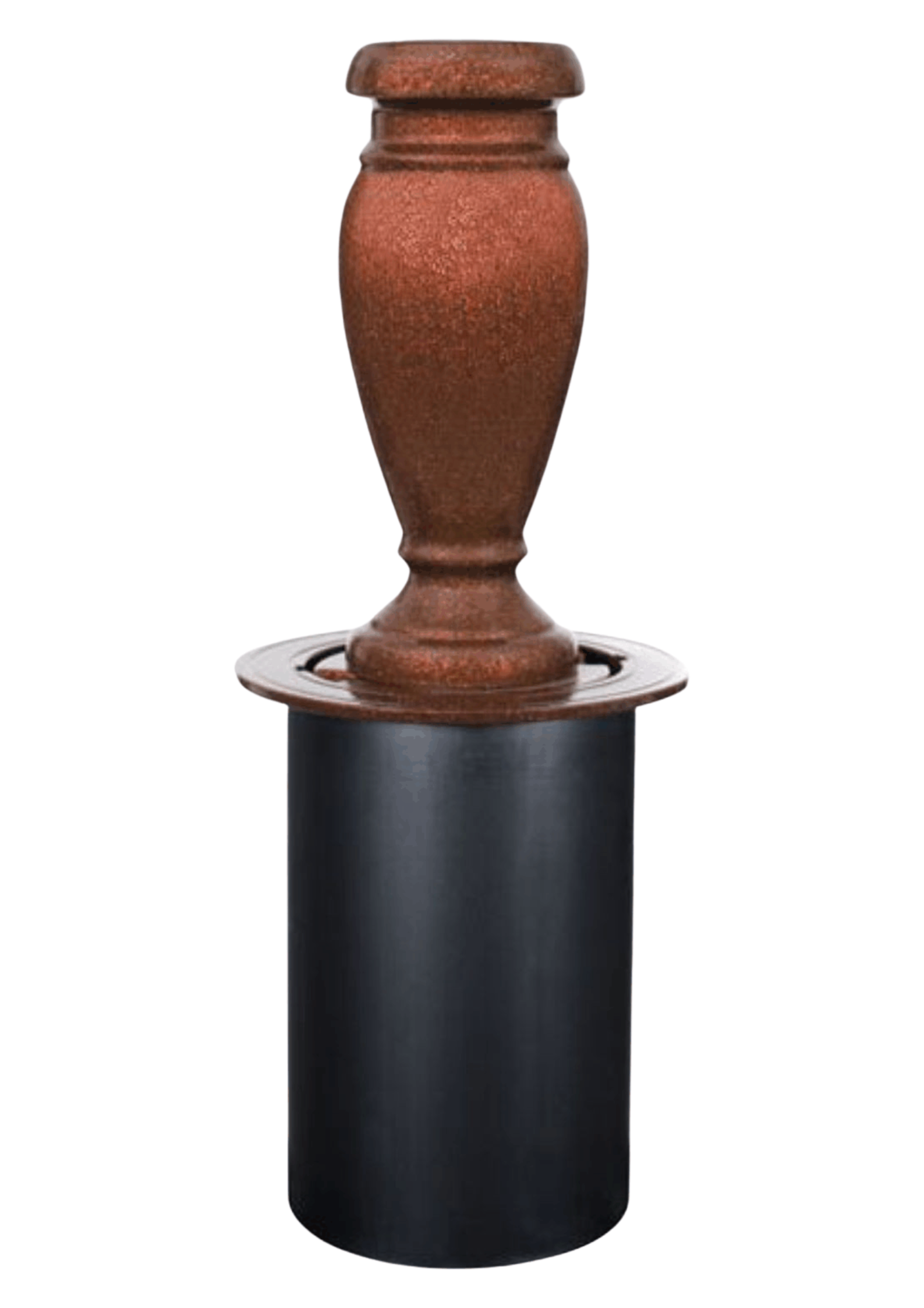 A decorative bronze-colored metal vase pedestal sitting atop a black cylindrical base.