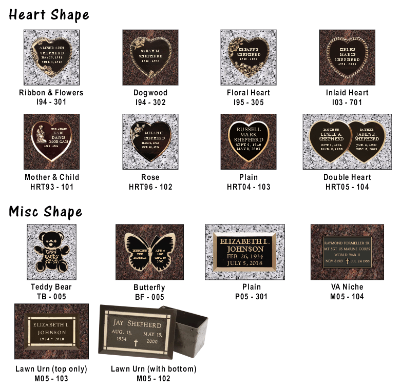 A catalog display of various bronze memorial plaque shapes, including heart, butterfly, teddy bear, and urn designs.