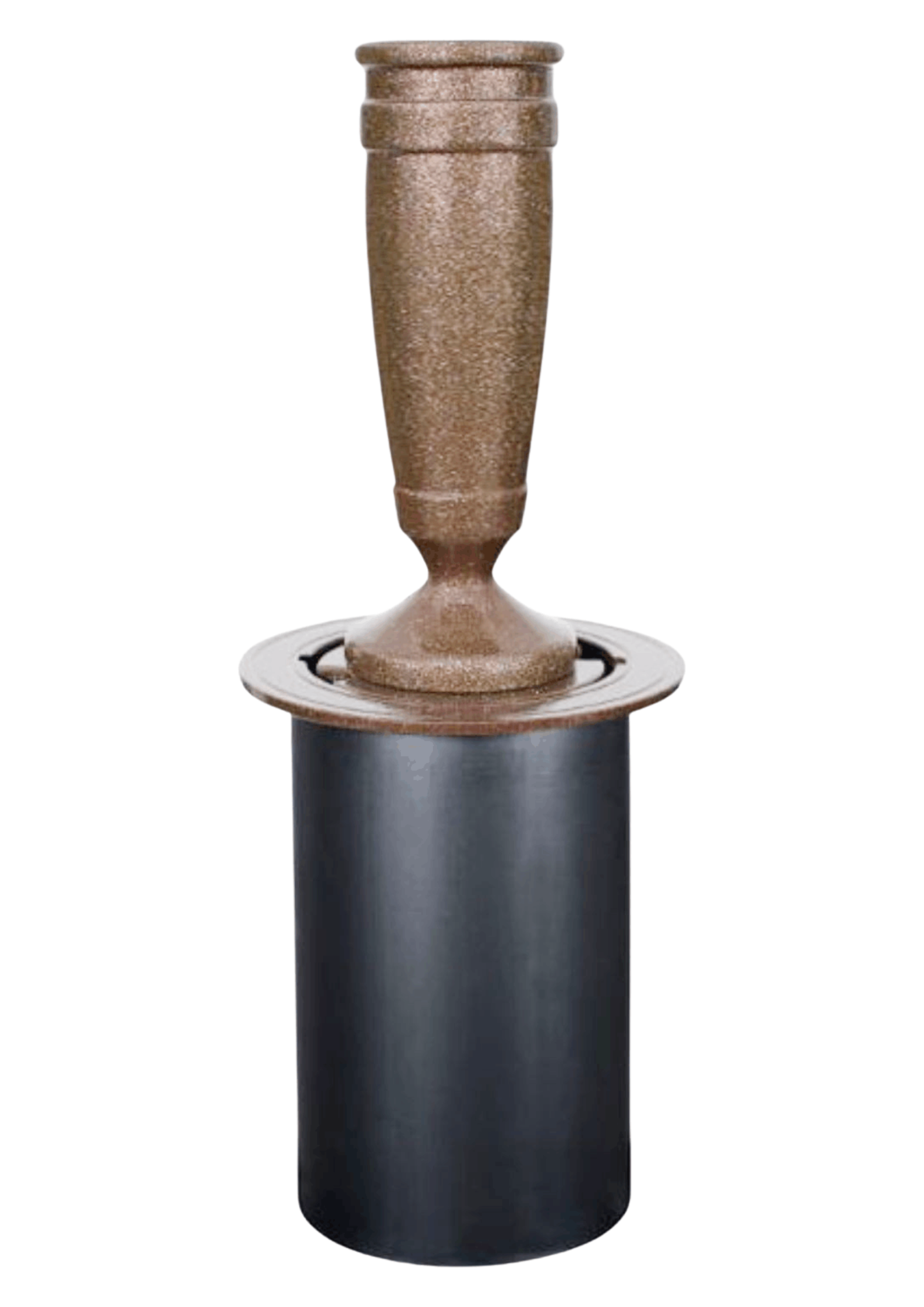 A bronze-colored memorial vase attached to a black cylindrical ground-recessed container.