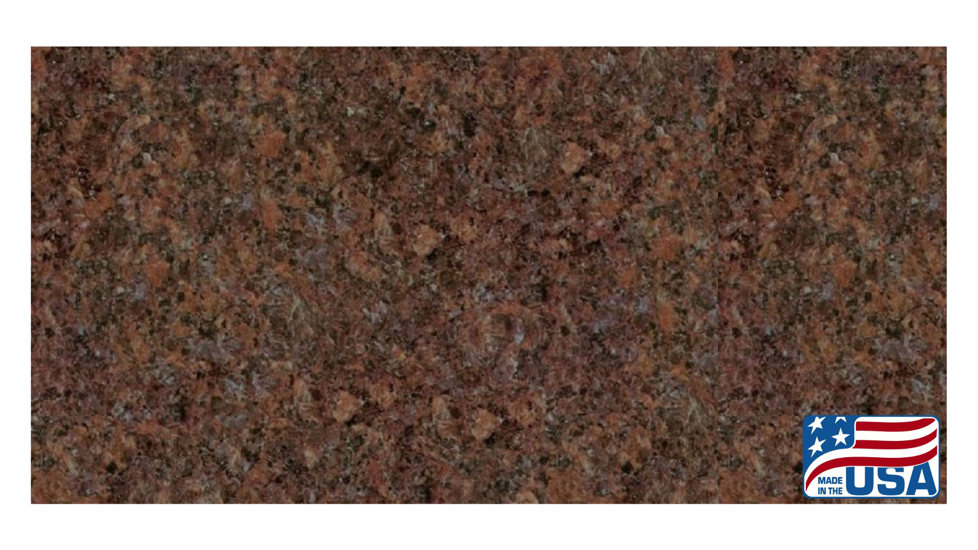 A polished brown granite countertop slab with flecks of black and grey, featuring a small